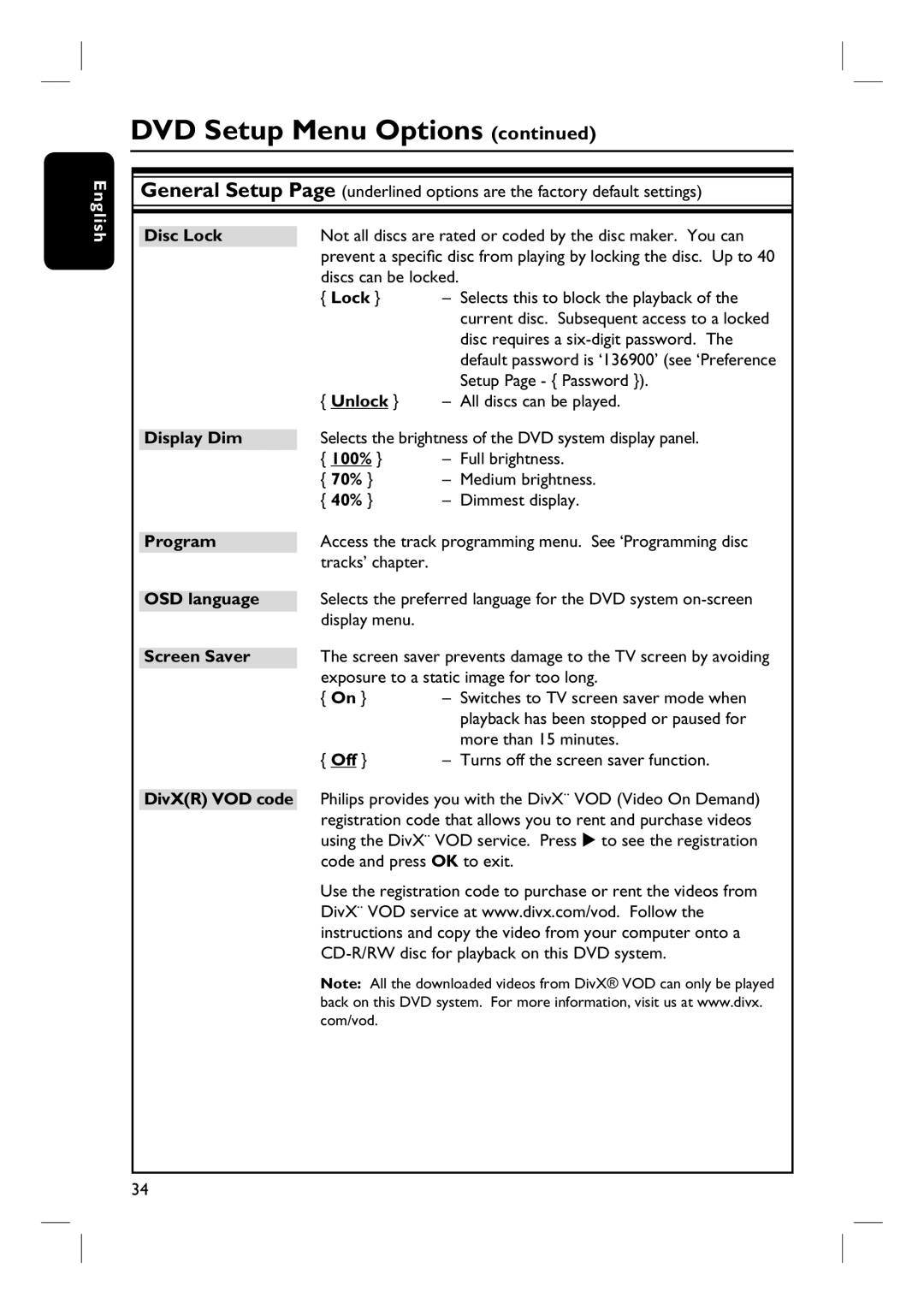 Philips HTS3320/51 user manual Disc Lock, Unlock, Display Dim, 70%, 40%, OSD language, Screen Saver, DivXR VOD code 