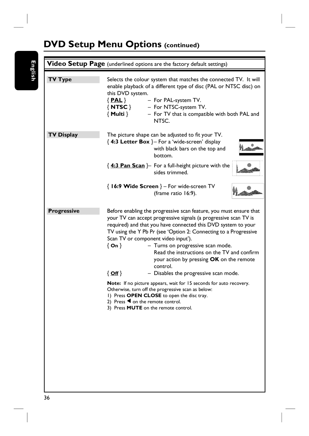 Philips HTS3320/51 user manual TV Type, TV Display, Pan Scan, Progressive 