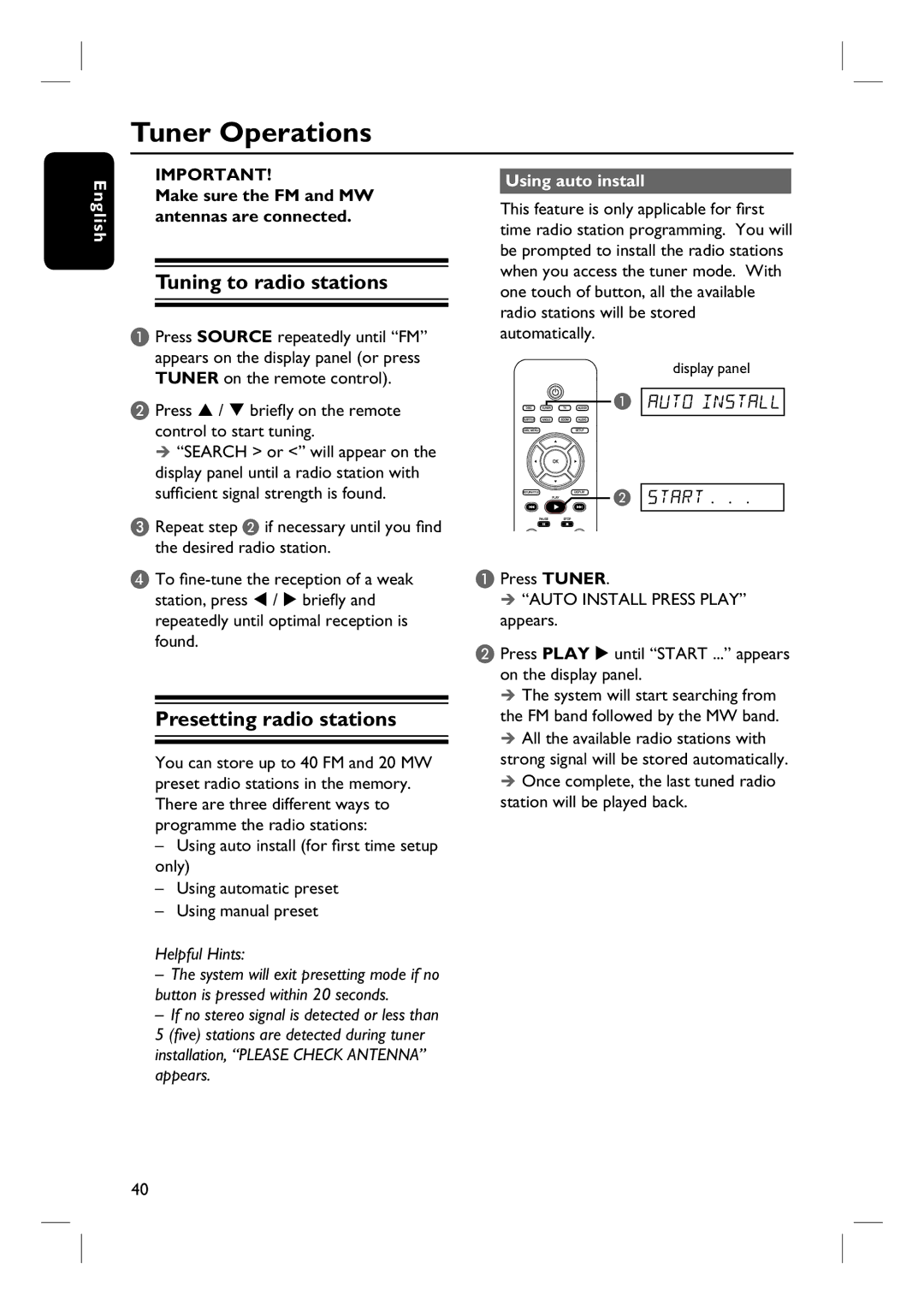 Philips HTS3320/51 user manual Tuner Operations, Tuning to radio stations, Presetting radio stations, Using auto install 