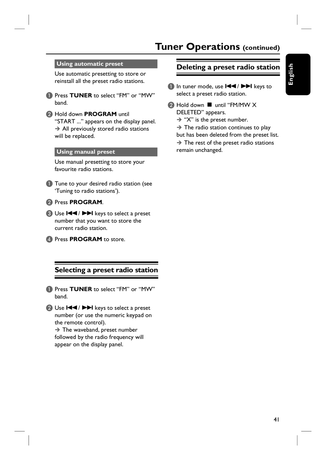 Philips HTS3320/51 user manual Selecting a preset radio station, Using automatic preset, Using manual preset 