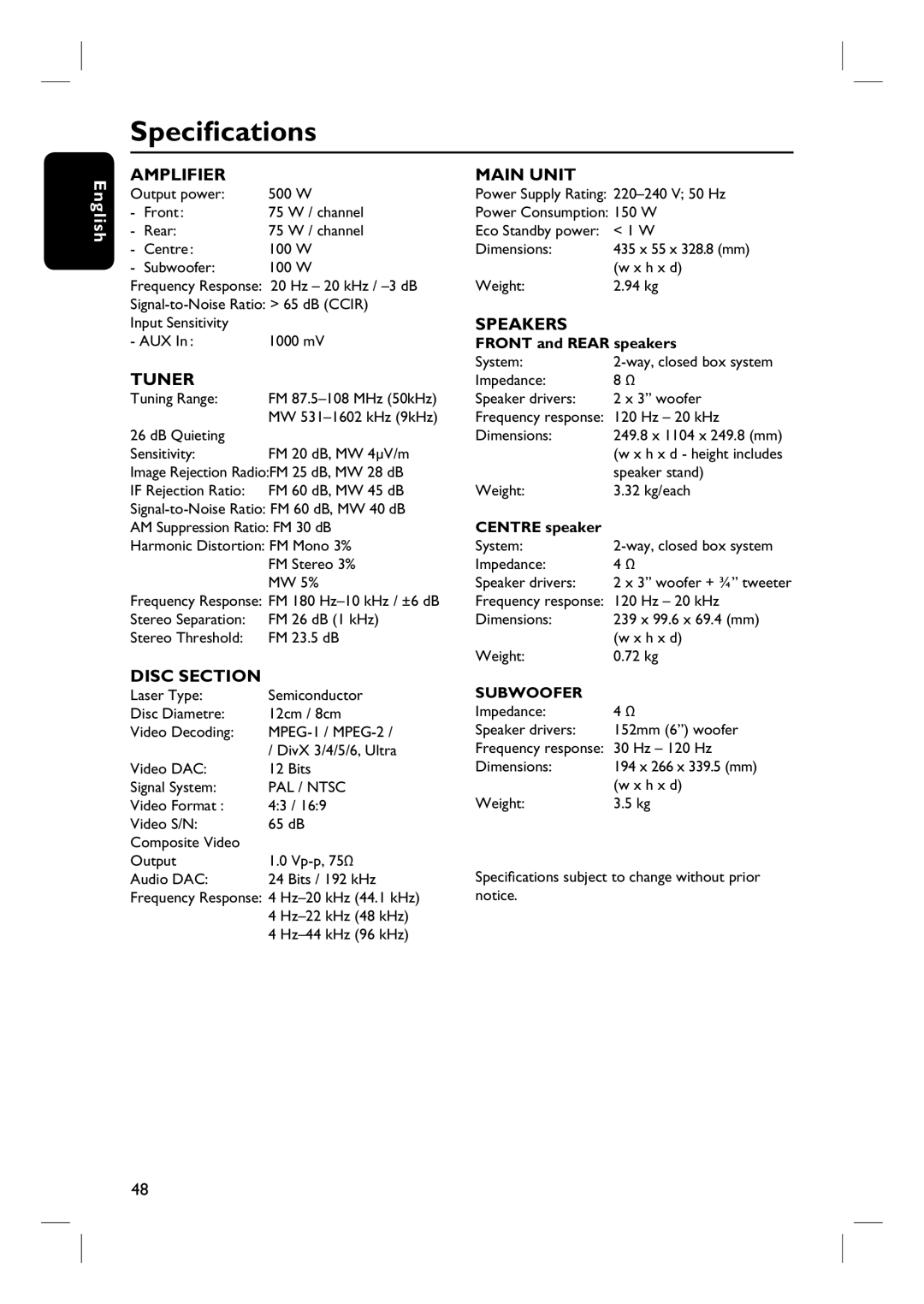 Philips HTS3320/51 user manual Specifications, Amplifier 