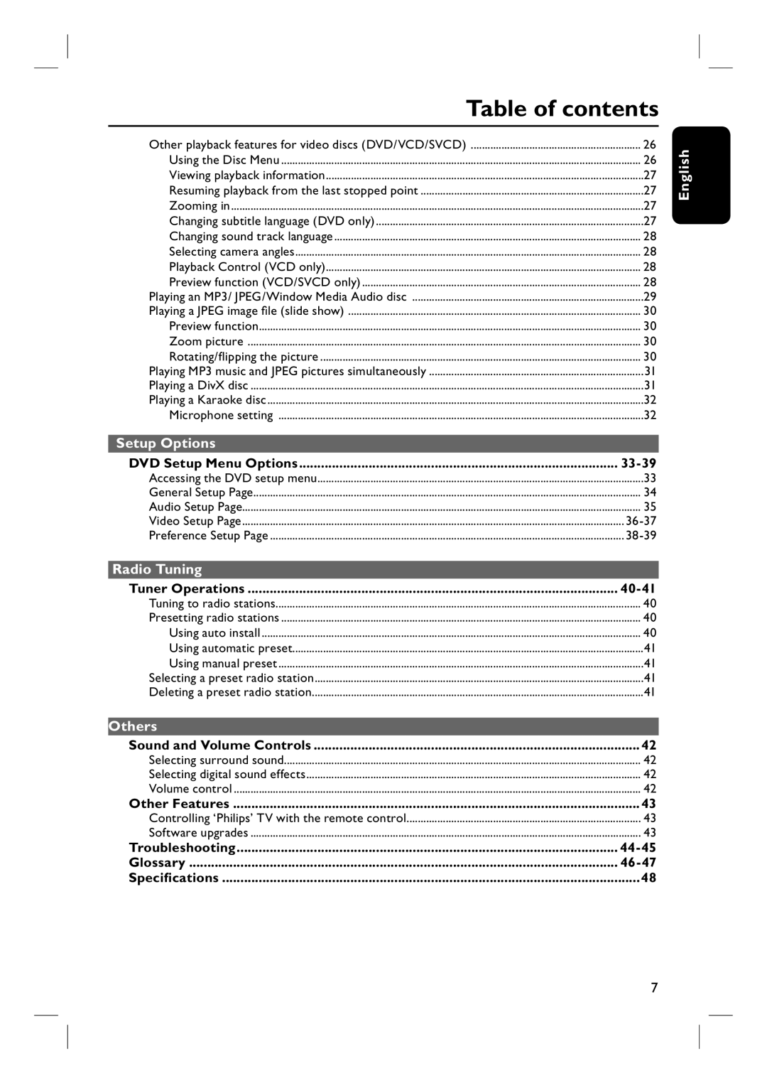 Philips HTS3320/51 user manual Table of contents 