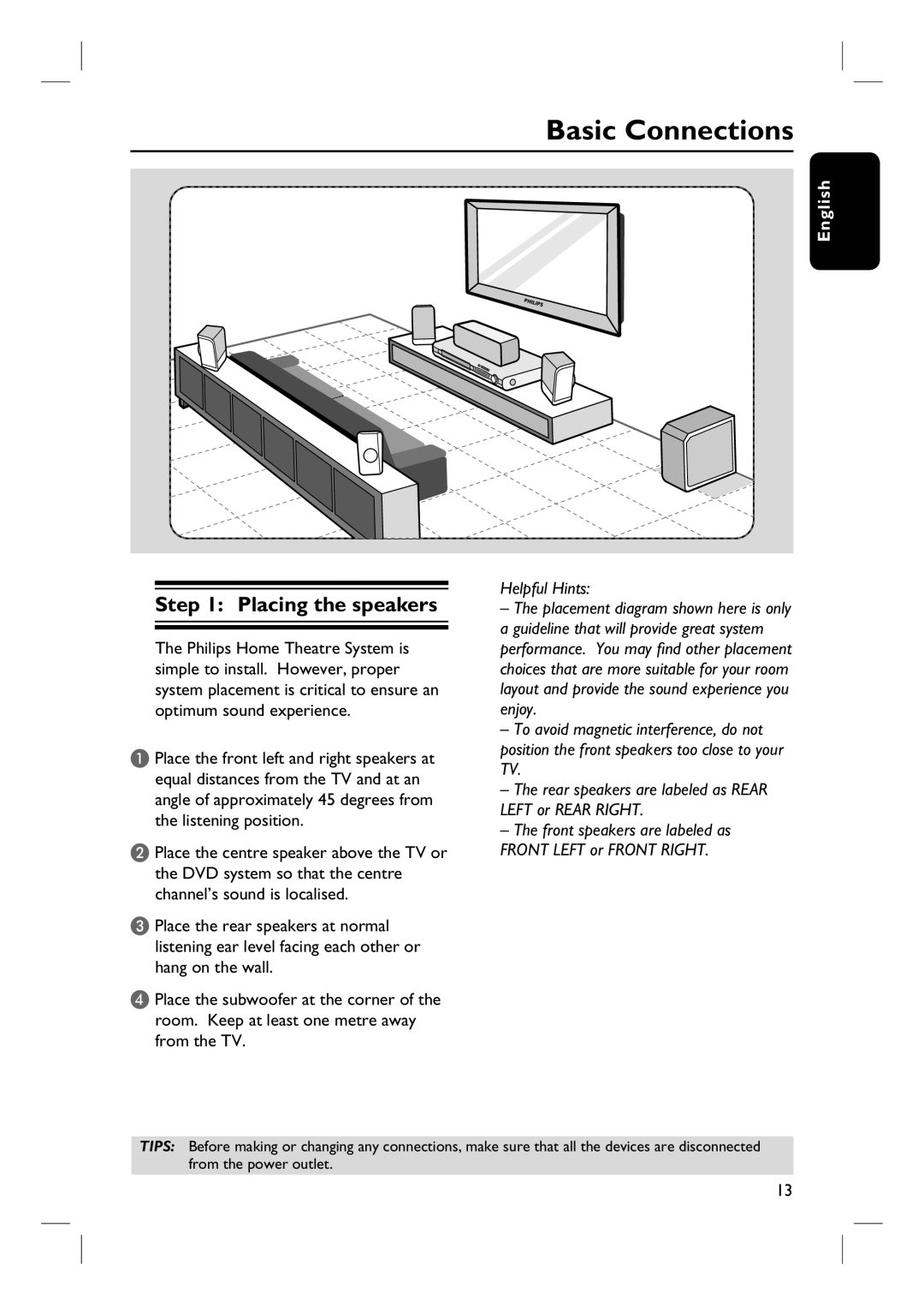 Philips HTS3325/51 user manual Basic Connections, Placing the speakers 