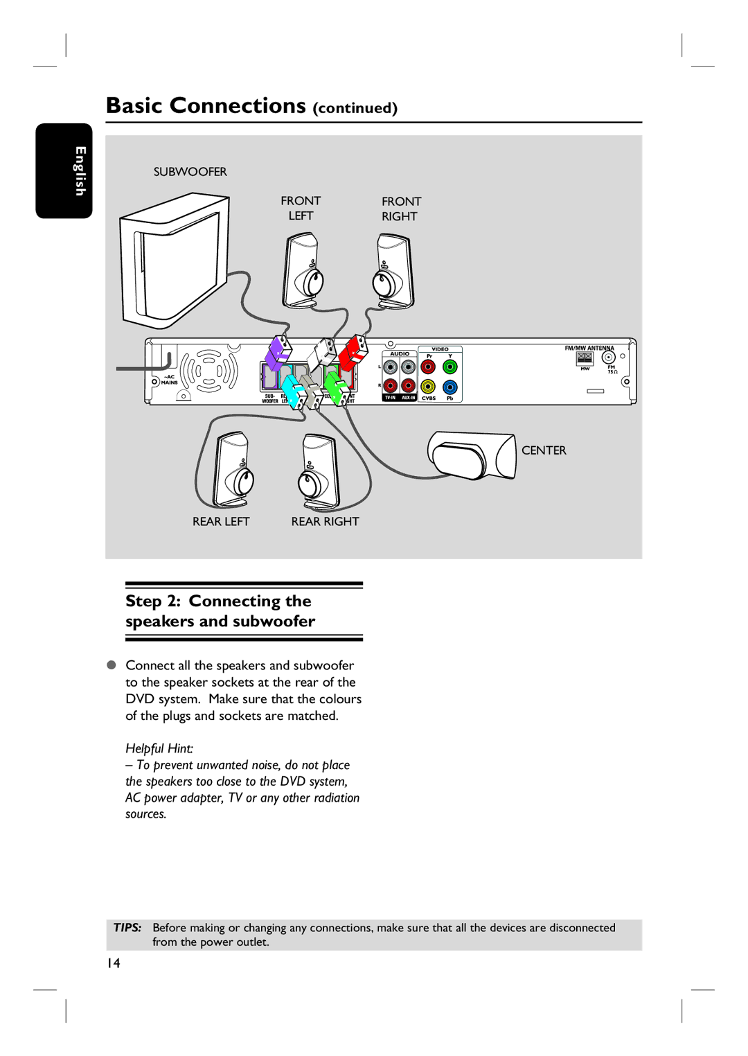 Philips HTS3325/51 user manual Connecting the speakers and subwoofer 