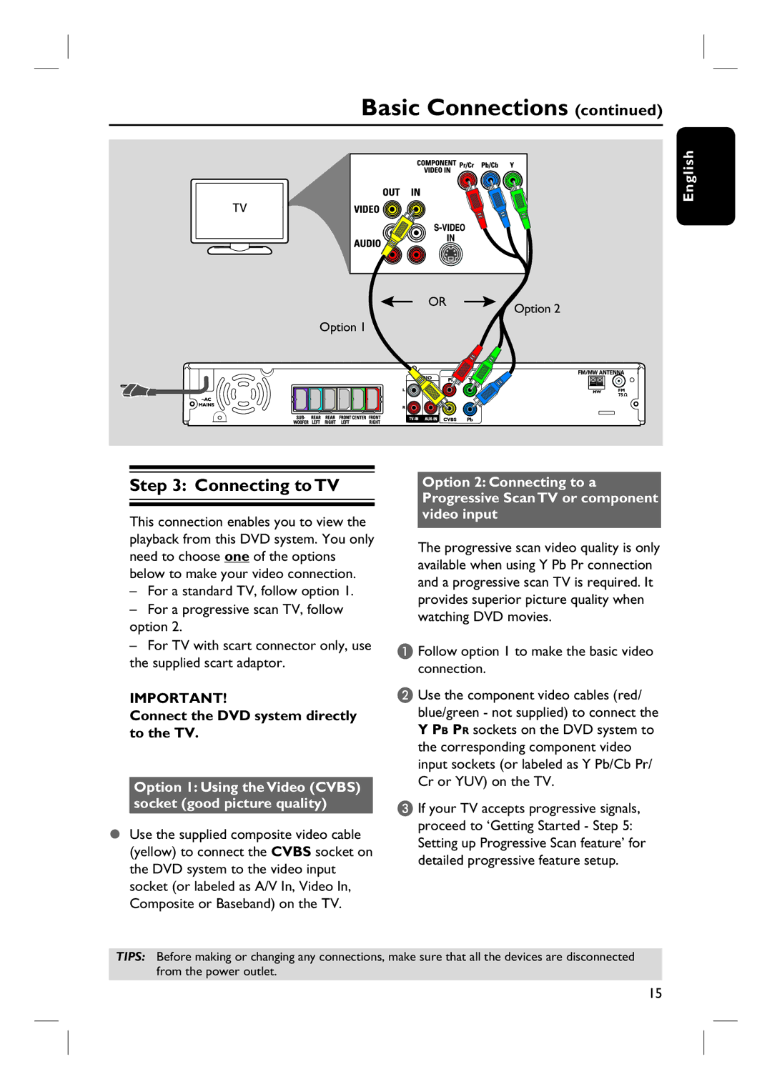 Philips HTS3325/51 user manual Connecting to TV, Connect the DVD system directly to the TV 