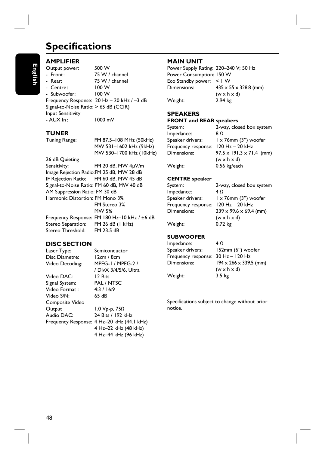 Philips HTS3325/51 user manual Specifications, Amplifier 