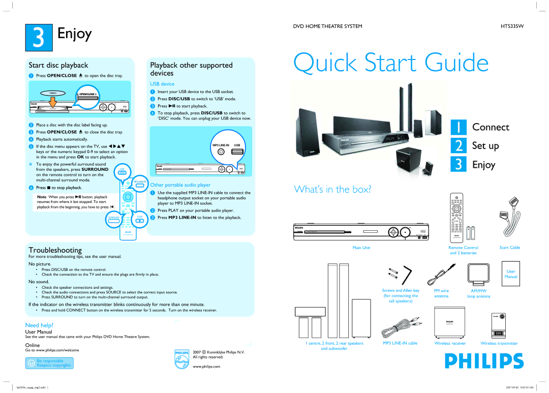 Philips HTS335W/12 quick start Enjoy, Need help? 