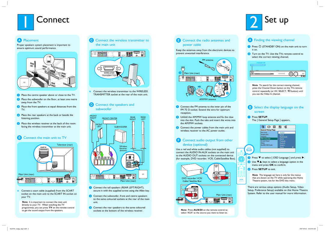 Philips HTS335W/12 quick start Connect, Set up 