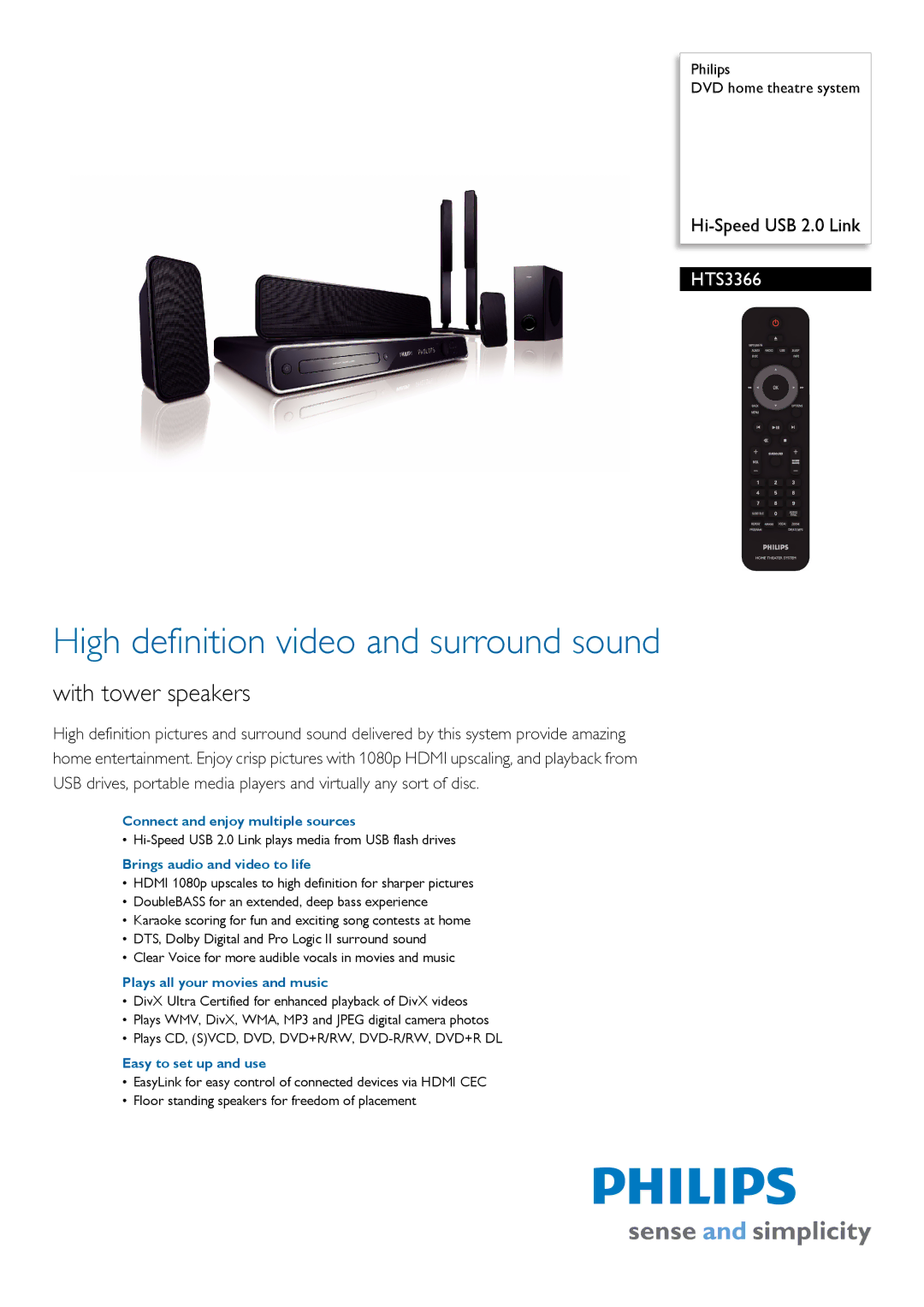 Philips HTS3366/98 manual Connect and enjoy multiple sources, Brings audio and video to life, Easy to set up and use 