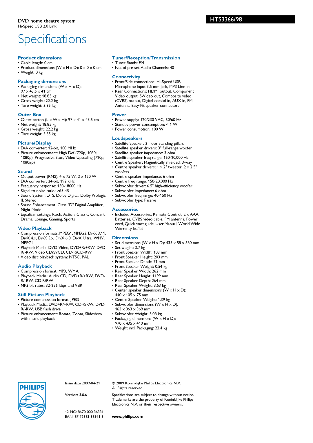Philips HTS3366/98 Product dimensions, Packaging dimensions, Tuner/Reception/Transmission, Connectivity, Outer Box, Sound 