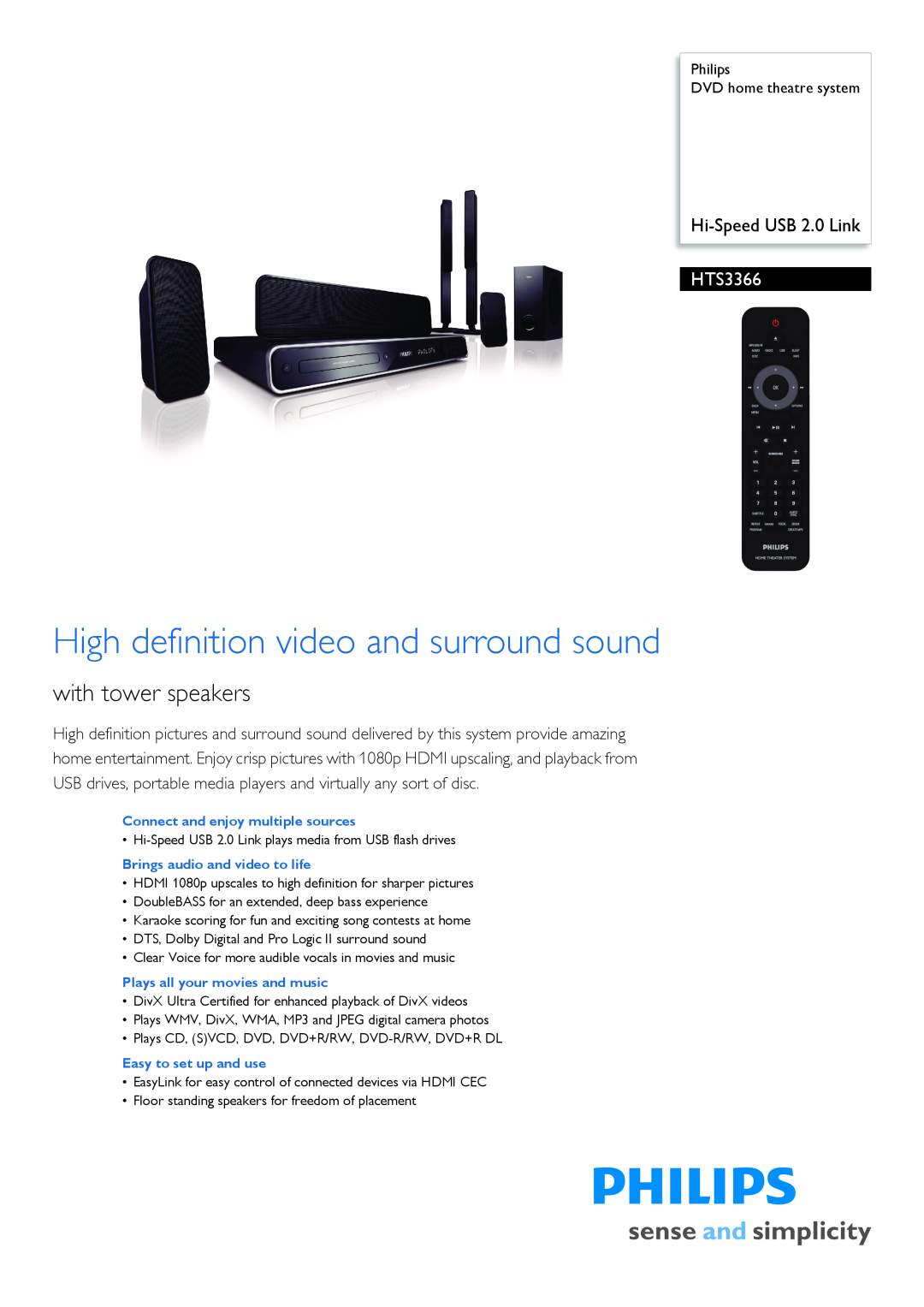 Philips HTS3366/98 manual Philips DVD home theatre system, Connect and enjoy multiple sources, Easy to set up and use 