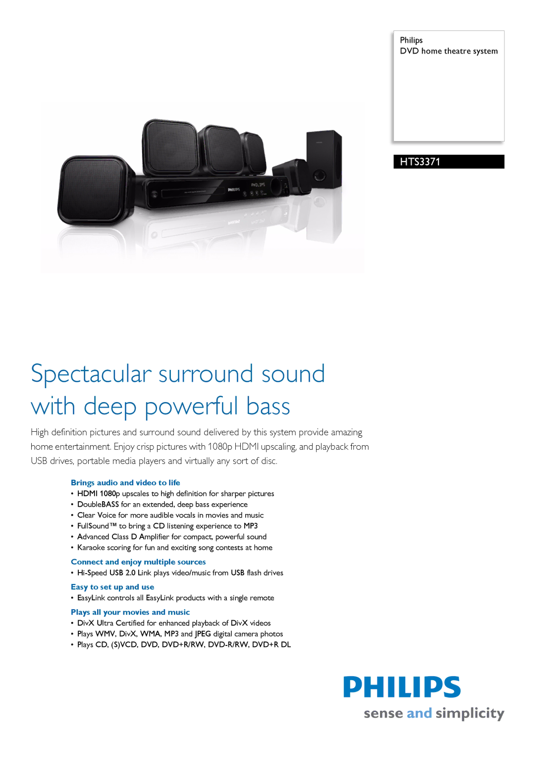 Philips HTS3371/98 manual Brings audio and video to life, Connect and enjoy multiple sources, Easy to set up and use 