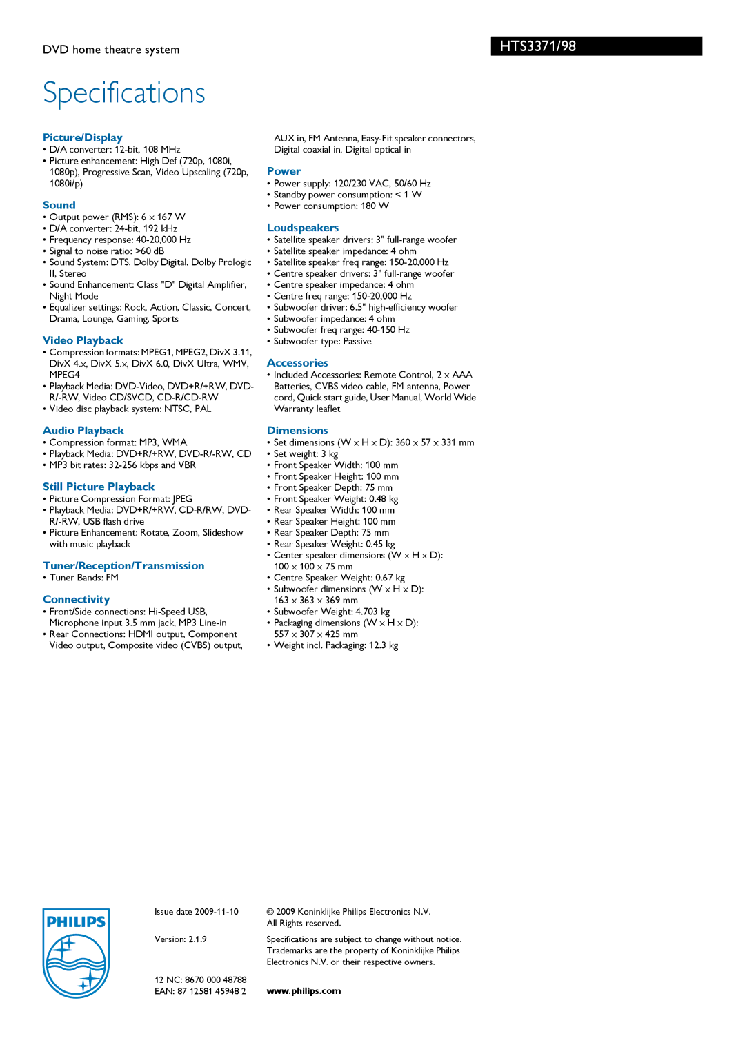 Philips HTS3371/98 manual Specifications 