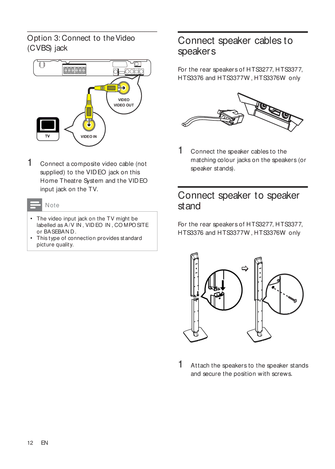 Philips HTS3377W/12, HTS3270, HTS3376W/12, HTS3277 Connect speaker cables to speakers, Connect speaker to speaker stand 