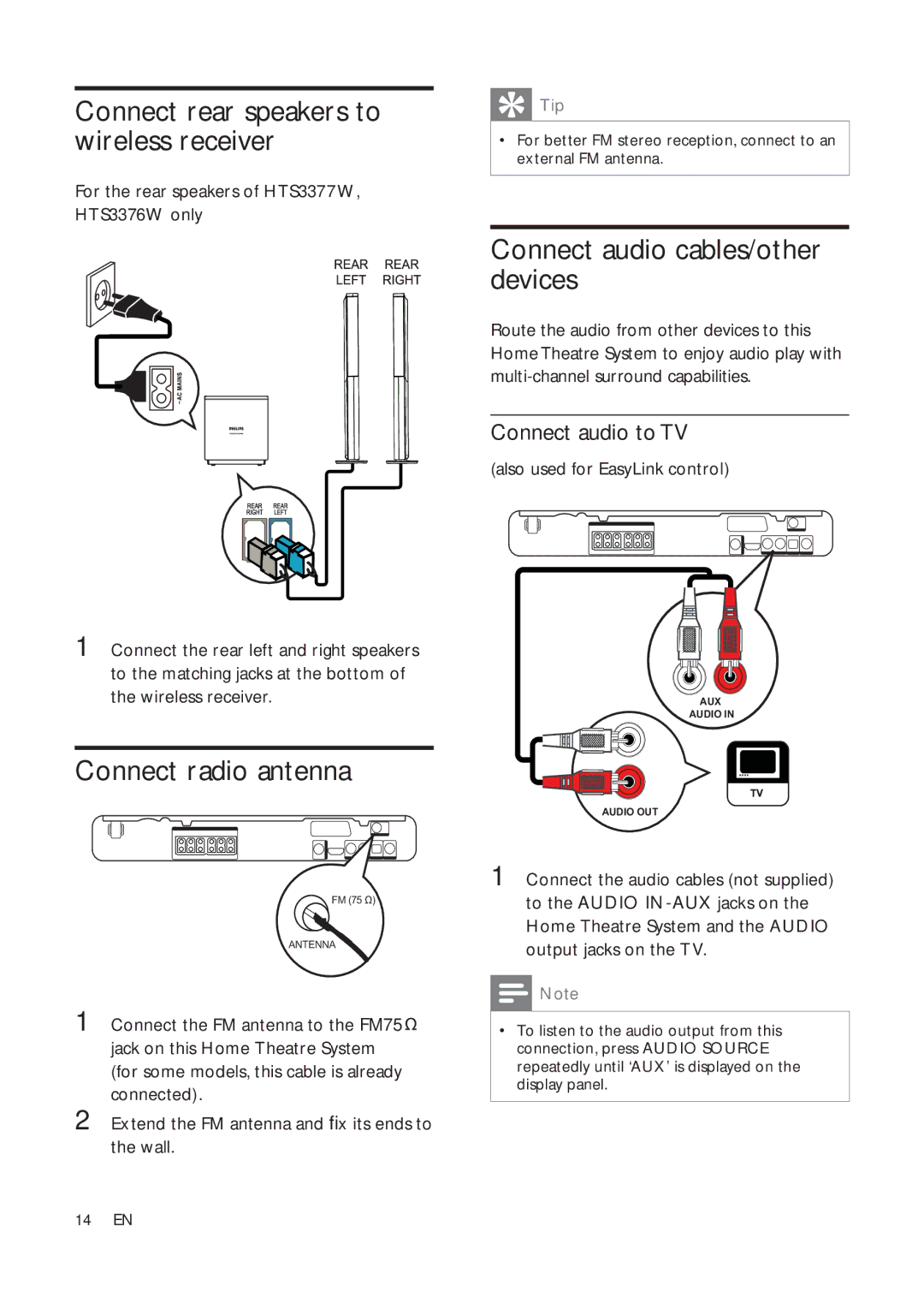 Philips HTS3376W Connect rear speakers to wireless receiver, Connect radio antenna, Connect audio cables/other devices 