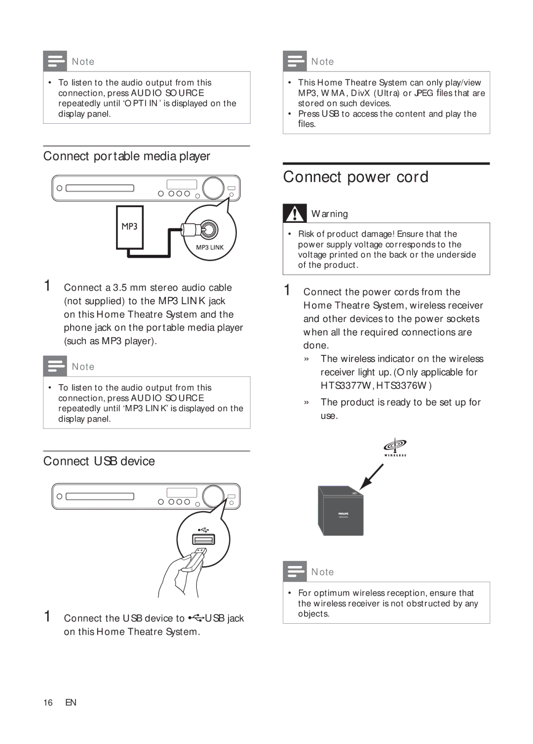 Philips HTS3270, HTS3376W/12, HTS3377W/12, HTS3277 Connect power cord, Connect portable media player, Connect USB device 