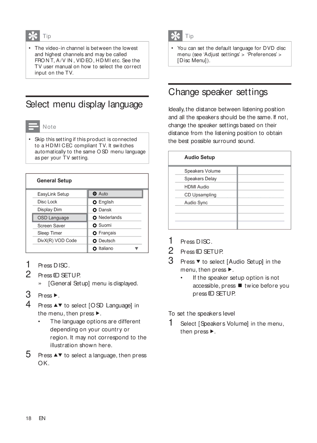 Philips HTS3270, HTS3377W Select menu display language, Change speaker settings, Press to select a language, then press OK 