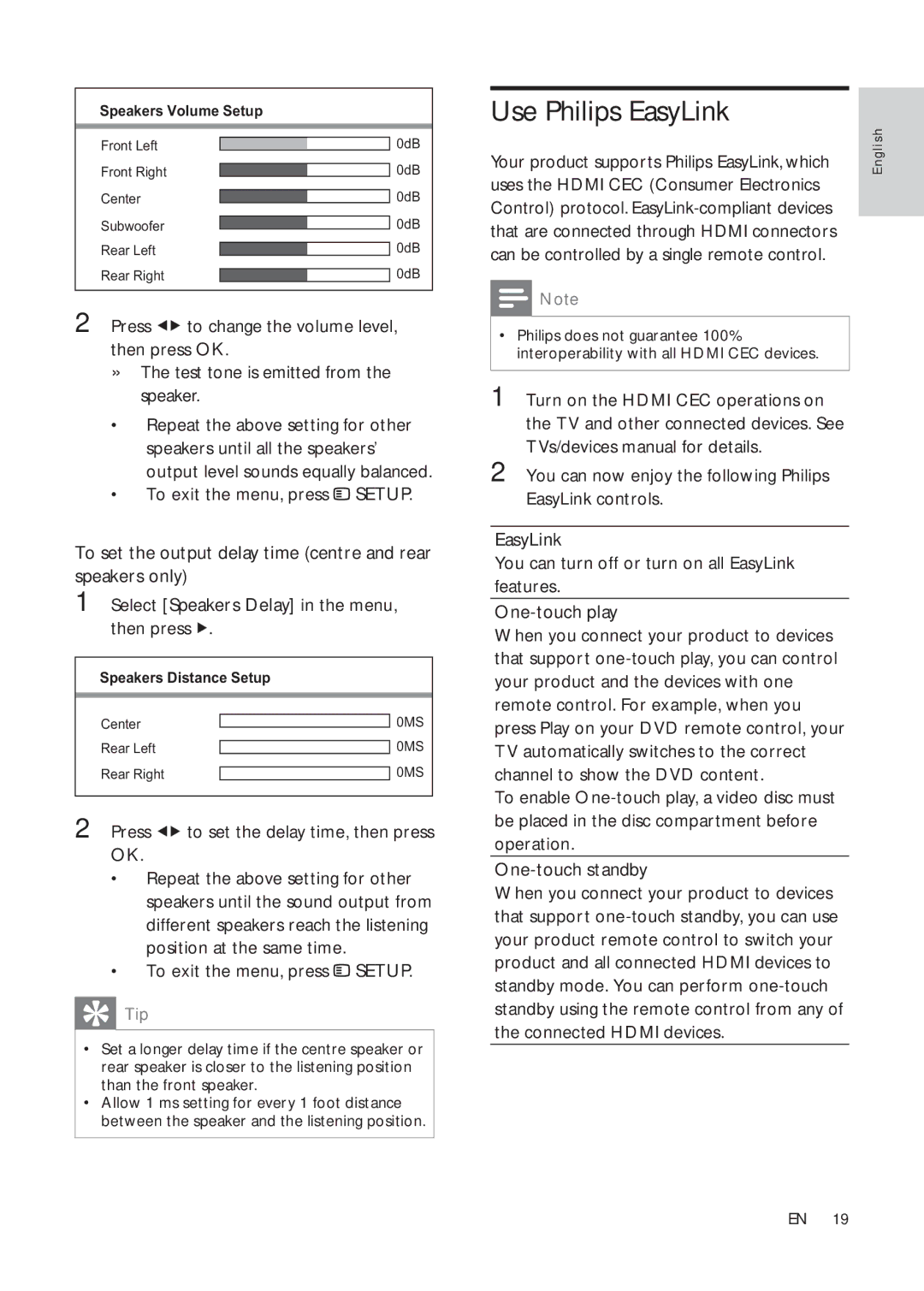 Philips HTS3376W/12 Use Philips EasyLink, Press to set the delay time, then press OK, To exit the menu, press Setup 