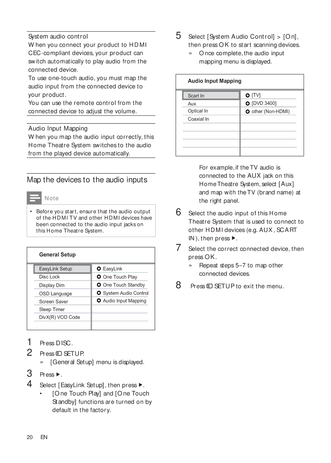 Philips HTS3377W/12, HTS3270, HTS3376W/12, HTS3277 user manual Map the devices to the audio inputs, Audio Input Mapping 