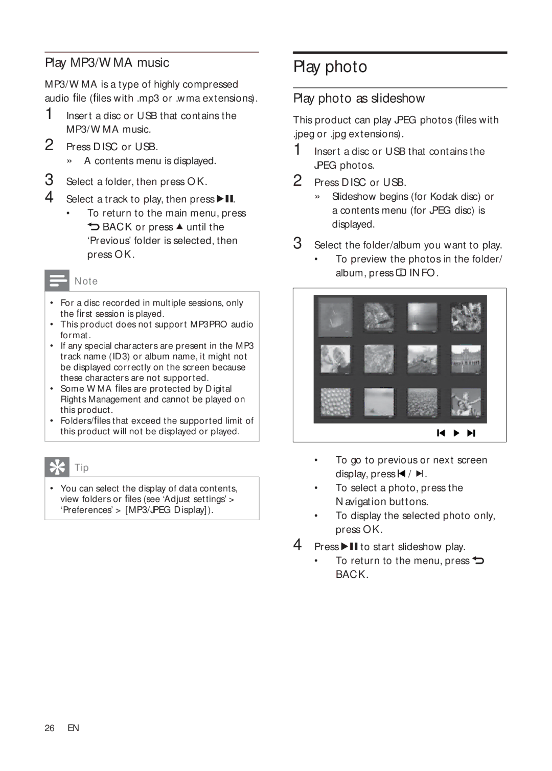 Philips HTS3270, HTS3376W/12, HTS3377W/12, HTS3277 user manual Play MP3/WMA music, Play photo as slideshow 