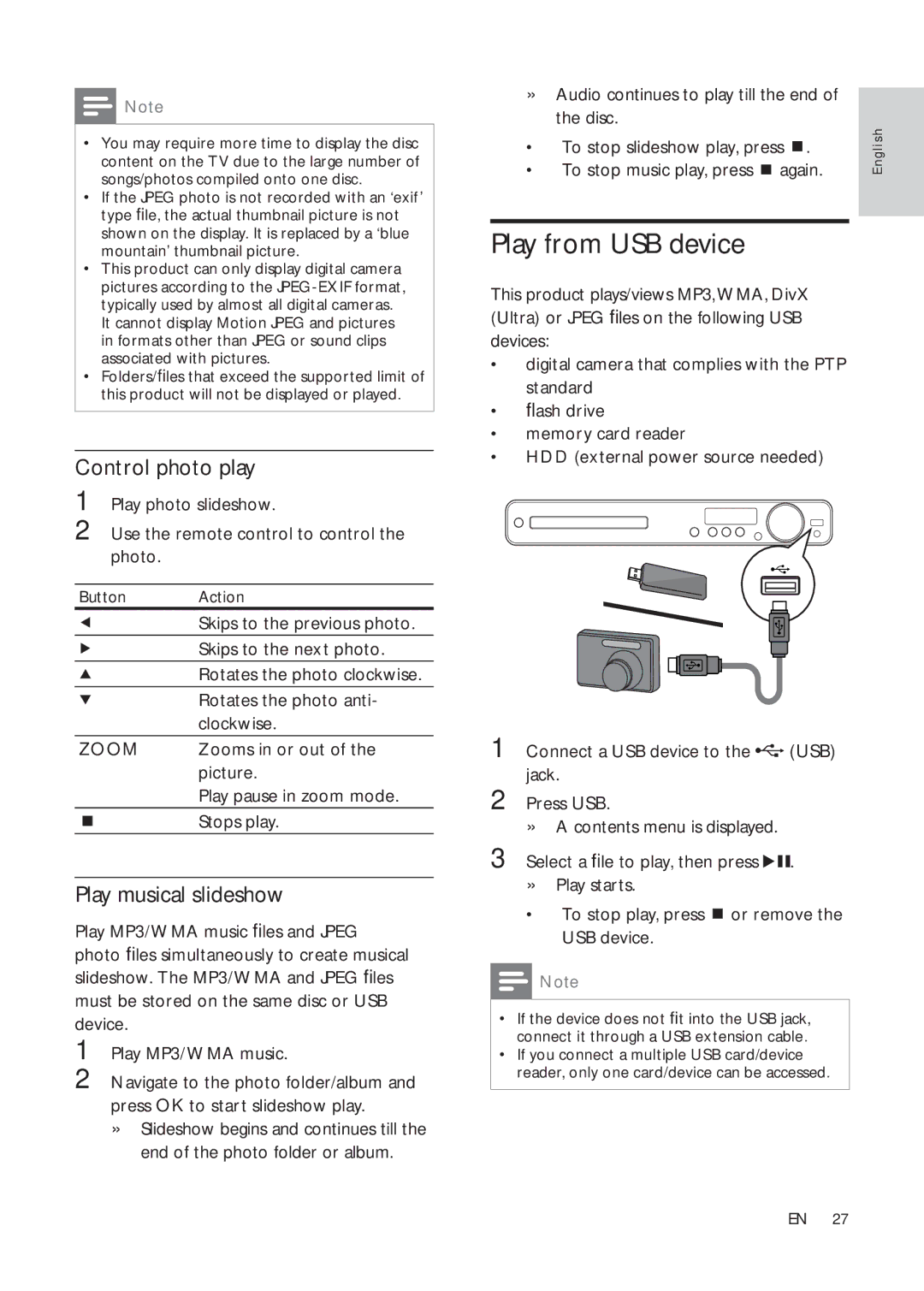 Philips HTS3376W/12 Play from USB device, Control photo play, Play musical slideshow, To stop music play, press again 