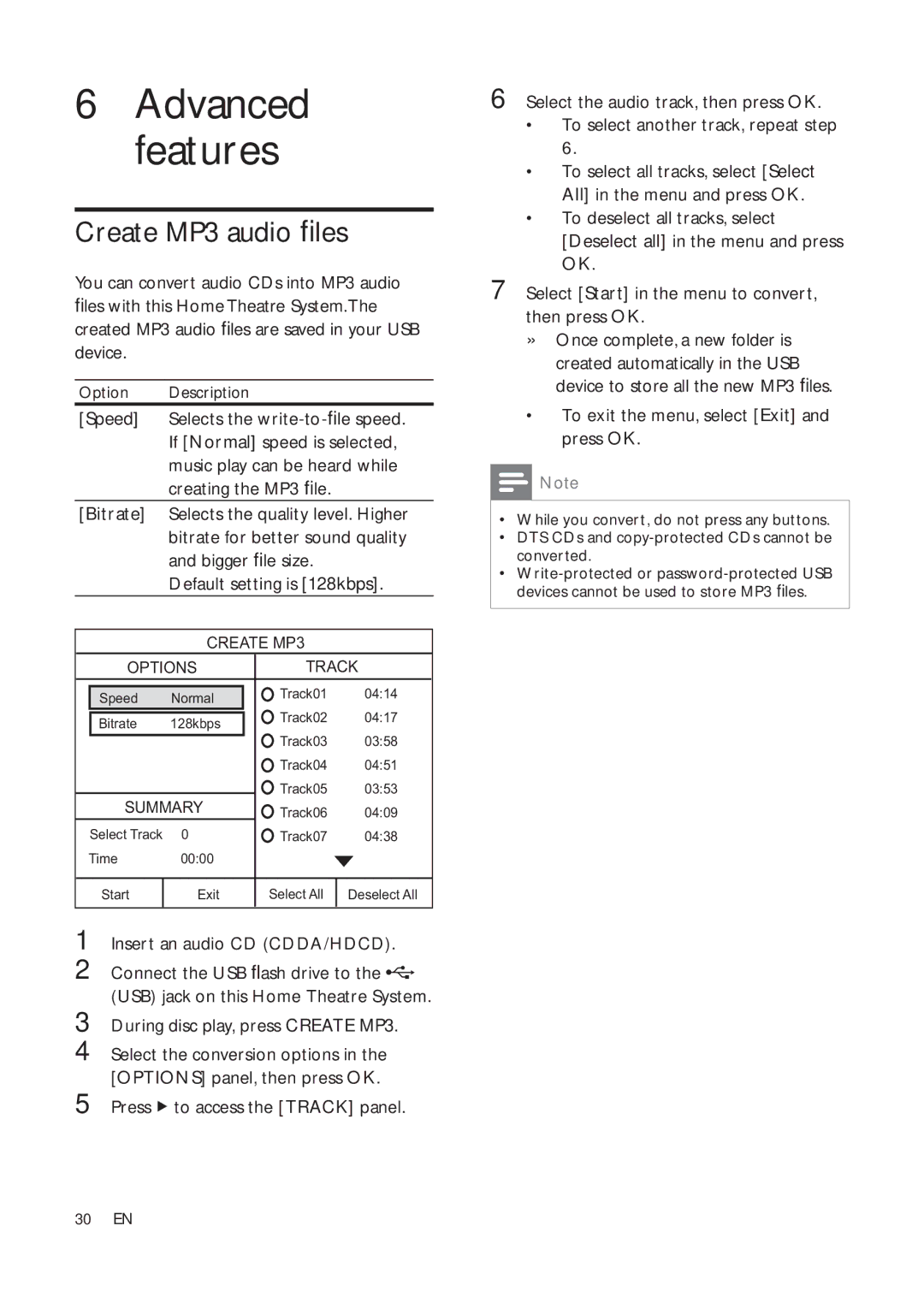 Philips HTS3376W, HTS3377W, HTS3270, HTS3277 Create MP3 audio ﬁles, Default setting is 128kbps, Insert an audio CD CDDA/HDCD 