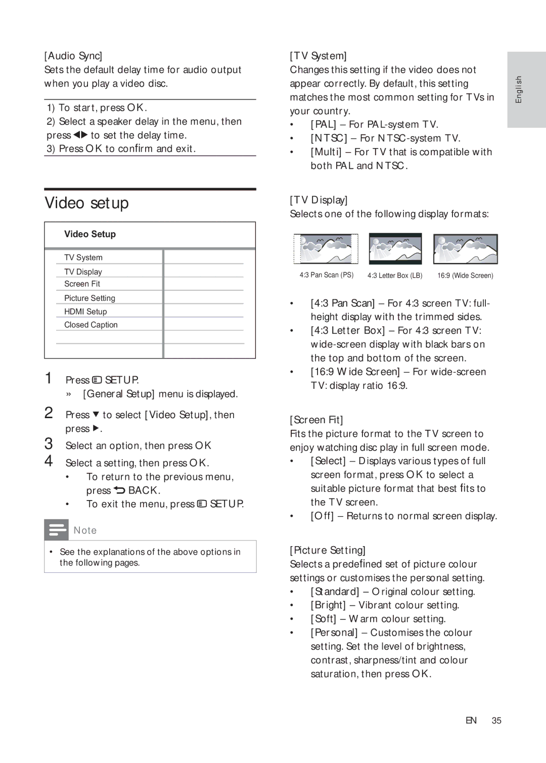 Philips HTS3376W/12, HTS3270, HTS3377W/12, HTS3277 Video setup, TV System Changes this setting if the video does not 