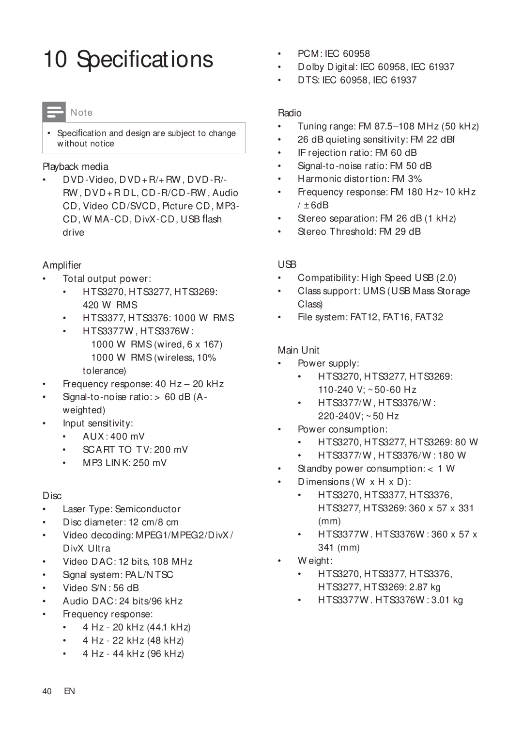 Philips HTS3270, HTS3376W/12, HTS3377W/12, HTS3277 user manual Specifications, Usb, HTS3377W. HTS3376W 3.01 kg 