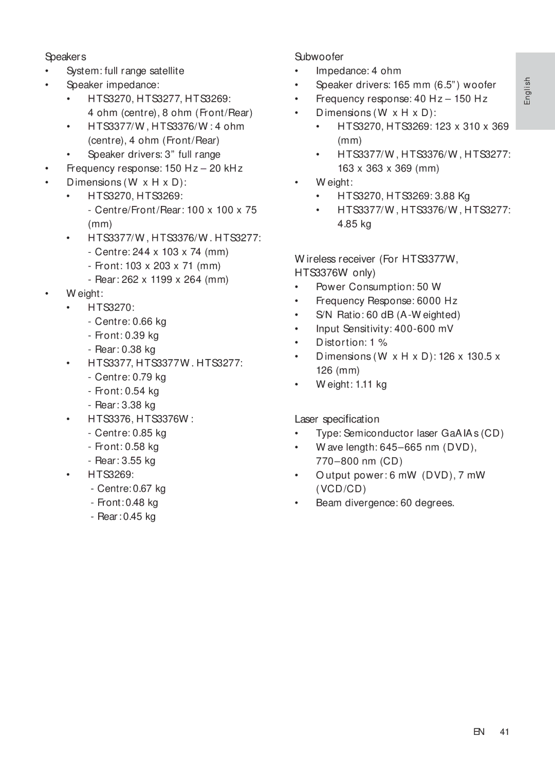 Philips HTS3270, HTS3376W/12, HTS3377W/12, HTS3277 user manual HTS3377/W, HTS3376/W 4 ohm centre, 4 ohm Front/Rear 