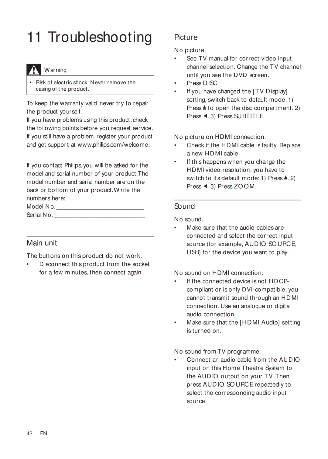 Philips HTS3270, HTS3376W/12, HTS3377W/12, HTS3277 user manual Troubleshooting, Picture, Sound 