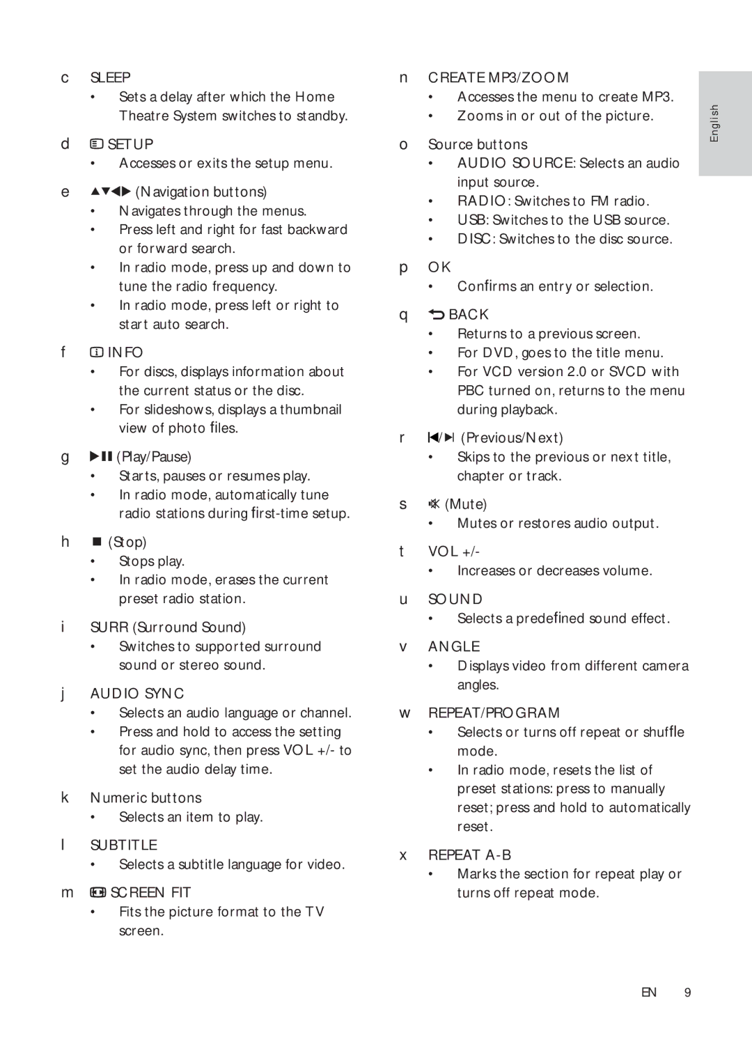 Philips HTS3270, HTS3376W/12, HTS3377W/12, HTS3277 user manual Sleep, Audio Sync Selects an audio language or channel 