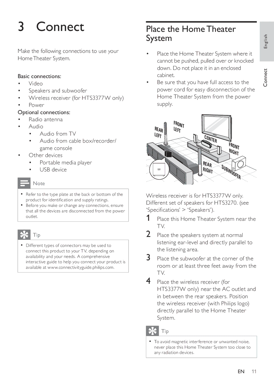 Philips HTS3270, HTS3377W user manual Connect, Place the HomeTheater, System 