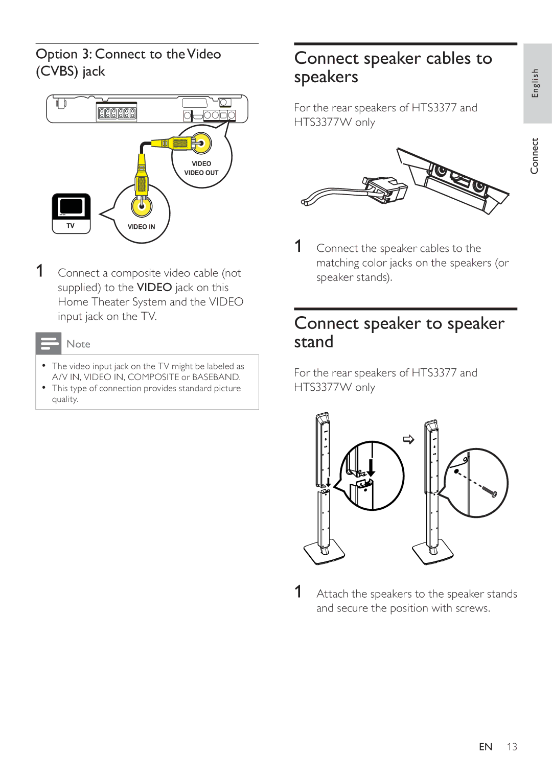 Philips HTS3377W, HTS3270 user manual Connect speaker cables to Speakers, Connect speaker to speaker stand 