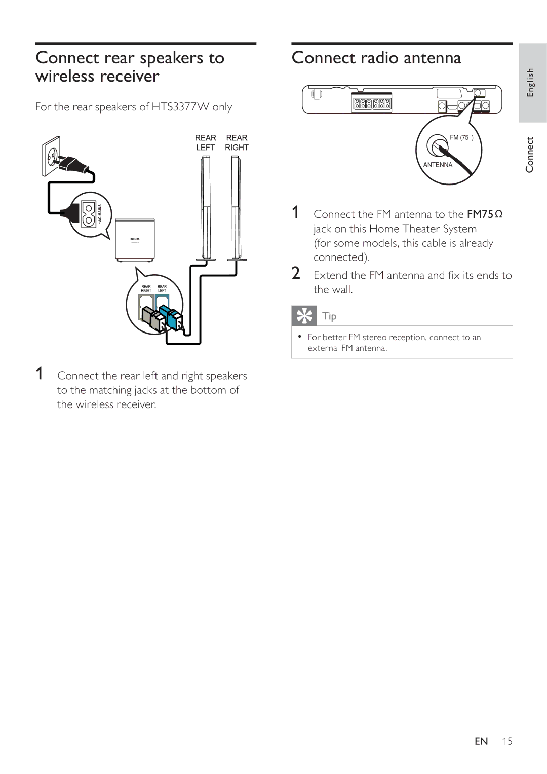 Philips HTS3377W, HTS3270 user manual Connect rear speakers to wireless receiver, Connect radio antenna 