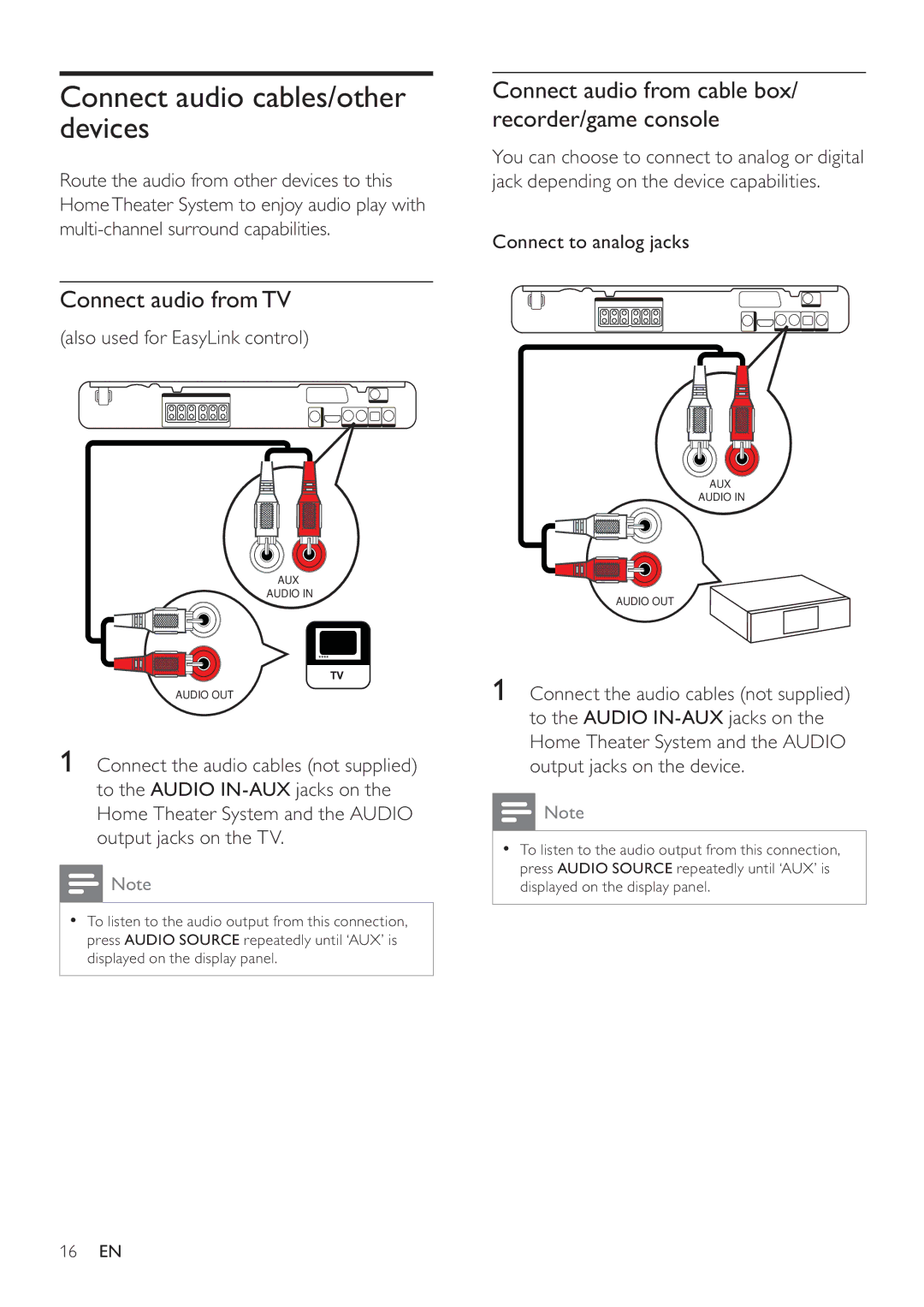 Philips HTS3377W, HTS3270 Connect audio cables/other devices, Connect audio fromTV, Also used for EasyLink control 