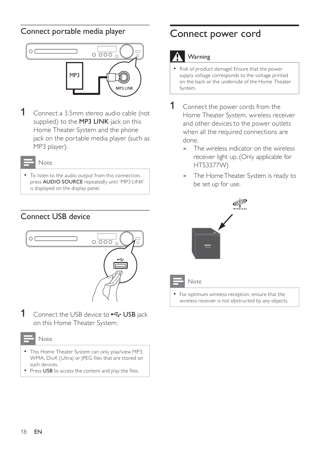 Philips HTS3377W, HTS3270 user manual Connect power cord, Connect portable media player, Connect USB device 