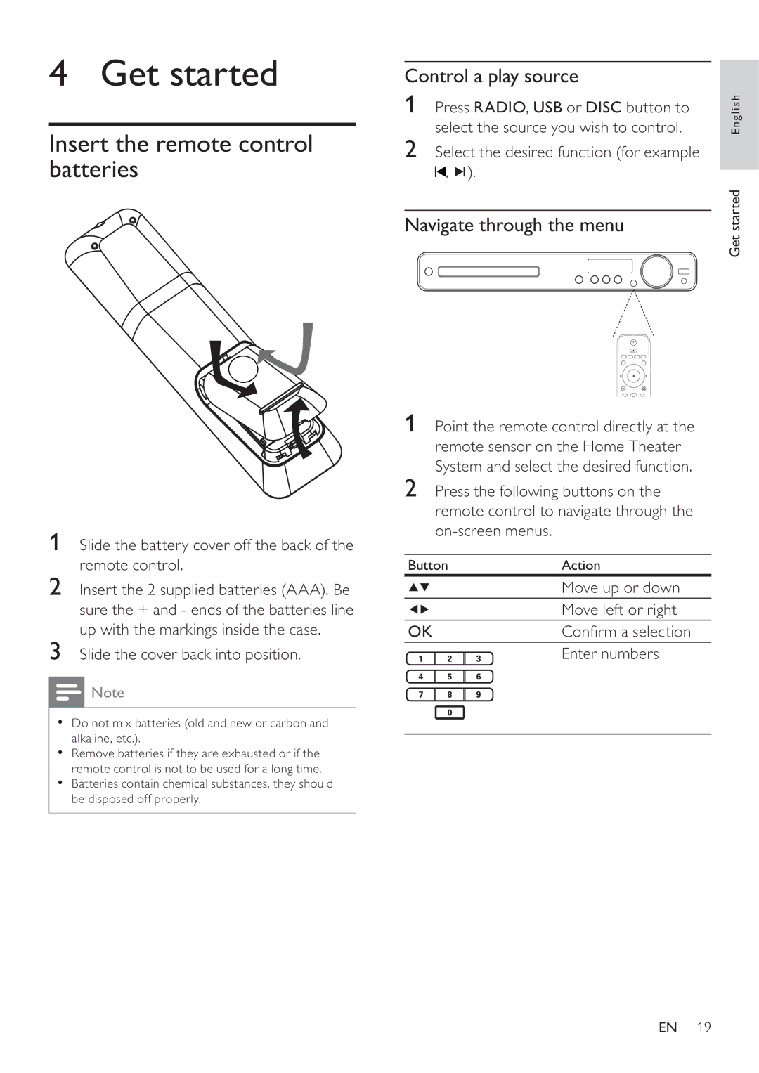 Philips HTS3377 Get started, Insert the remote control batteries, Control a play source, Navigate through the menu 