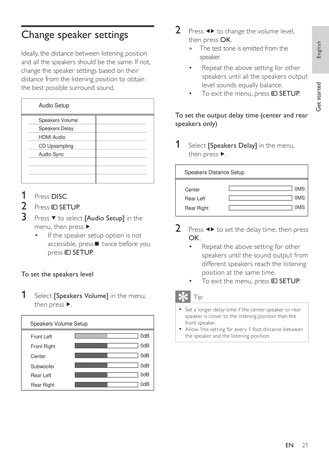 Philips HTS3377W, HTS3270 user manual Change speaker settings 