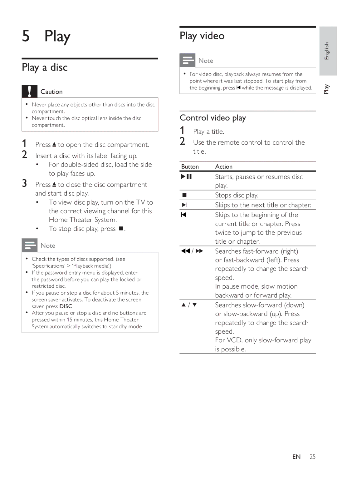 Philips HTS3377W, HTS3270 user manual Play a disc, Play video, Control video play 