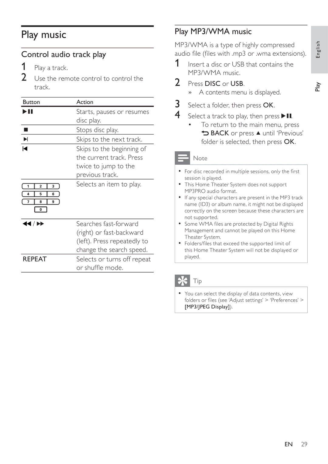 Philips HTS3270, HTS3377W user manual Play music, Control audio track play, Play MP3/WMA music, Or shuf e mode 