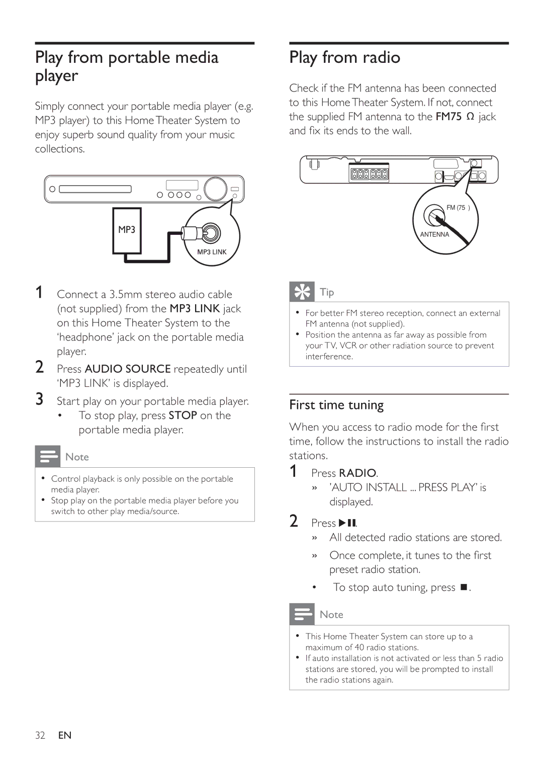 Philips HTS3270, HTS3377W user manual Play from portable media player, Play from radio, First time tuning 