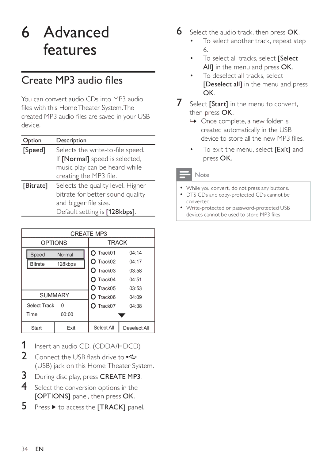 Philips HTS3377W, HTS3270 Create MP3 audio les, Insert an audio CD. CDDA/HDCD, During disc play, press Create MP3 