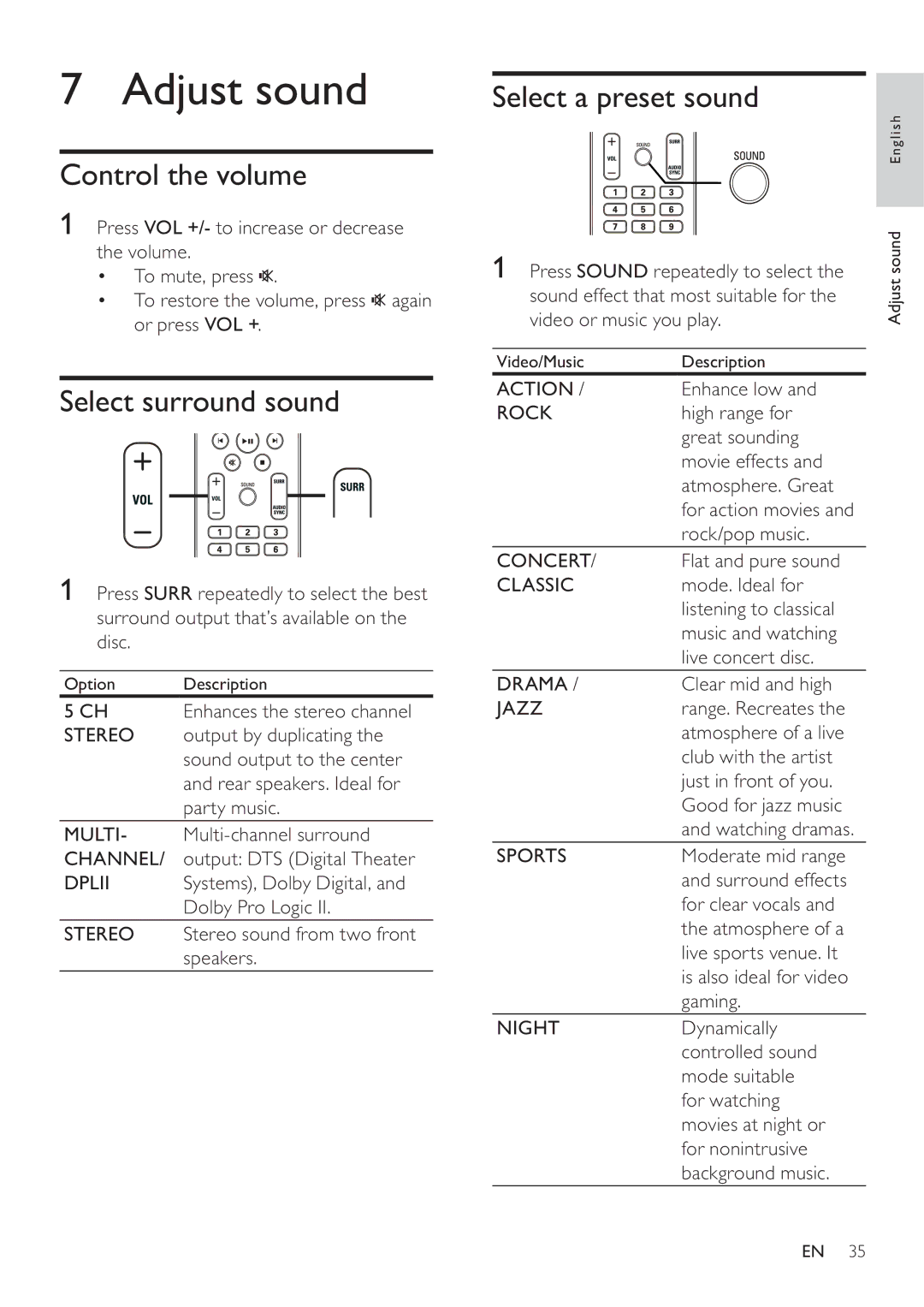 Philips HTS3270, HTS3377W user manual Adjust sound, Control the volume, Select surround sound, Select a preset sound 