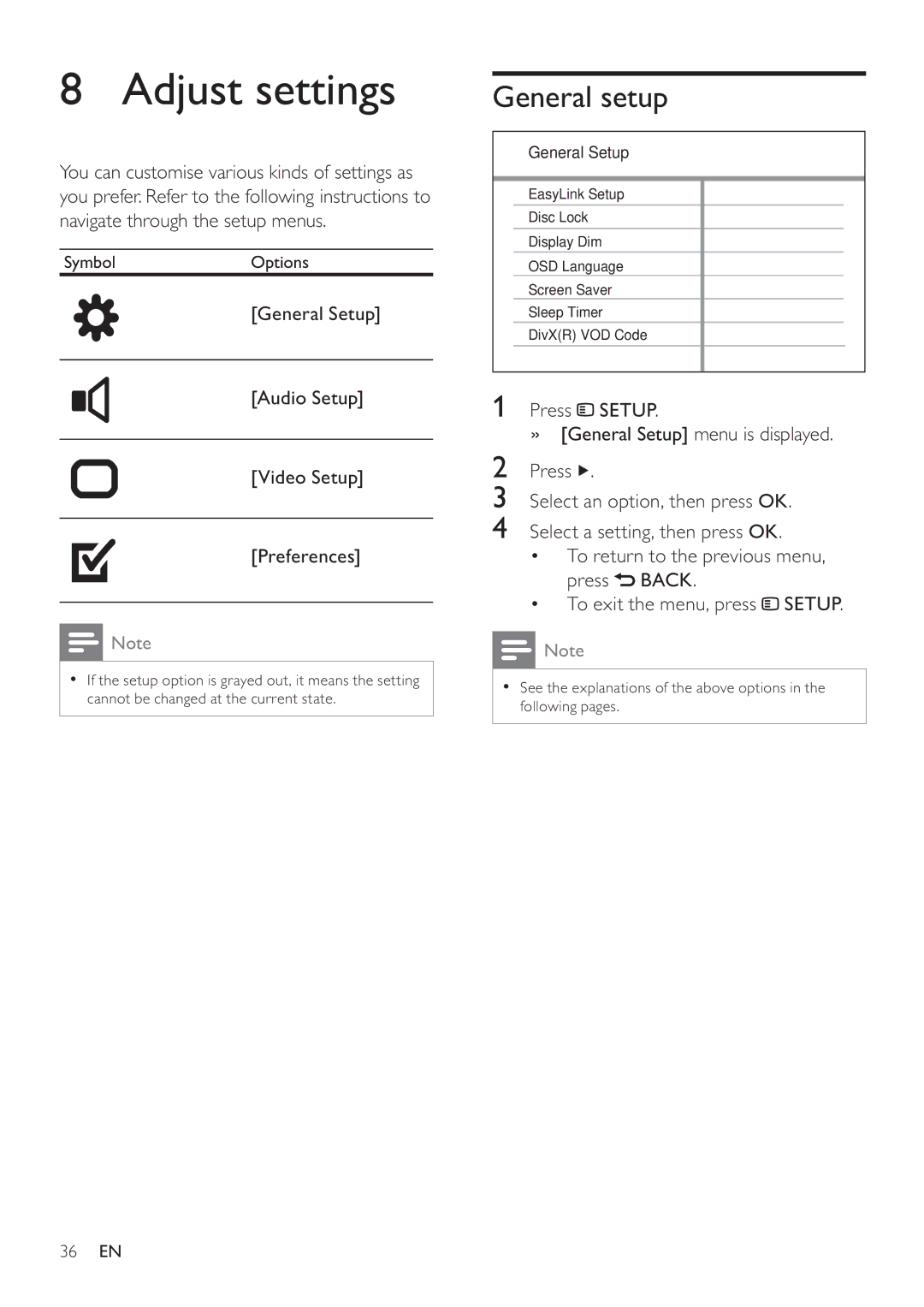 Philips HTS3377W, HTS3270 user manual Adjust settings, General setup 