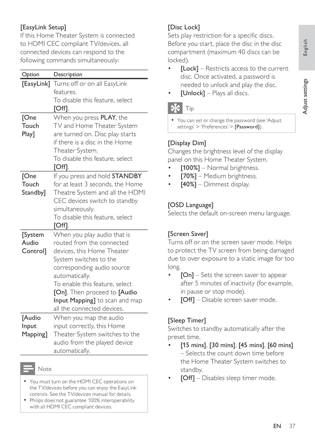 Philips HTS3377W, HTS3270 user manual EasyLink Setup, Unlock Plays all discs, Display Dim 