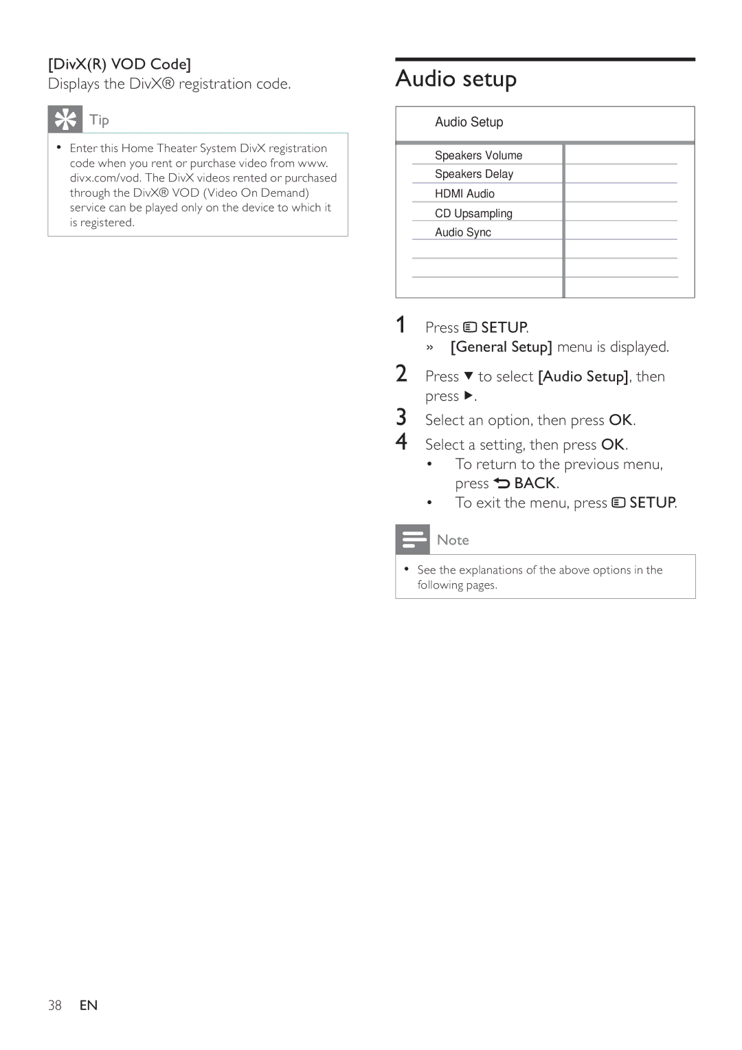 Philips HTS3270, HTS3377W user manual Audio setup, DivXR VOD Code Displays the DivX registration code 