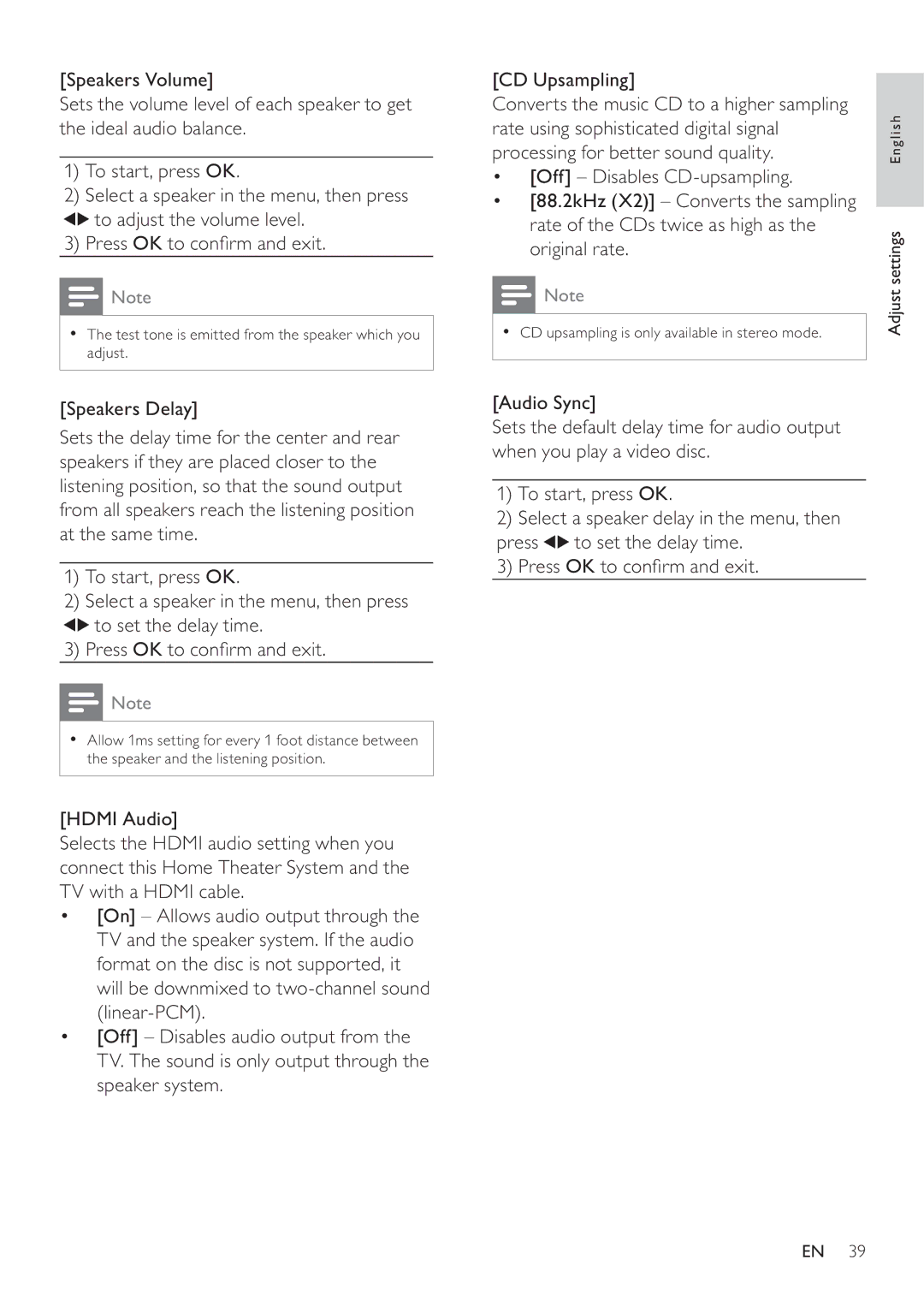 Philips HTS3377W, HTS3270 user manual Test tone is emitted from the speaker which you adjust 