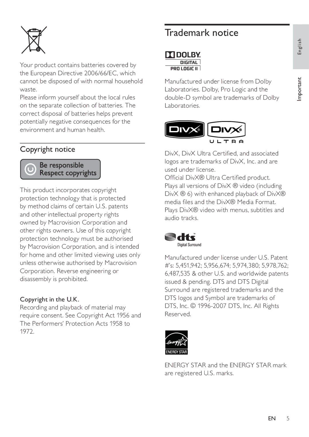 Philips HTS3270, HTS3377W user manual Trademark notice, Copyright notice 