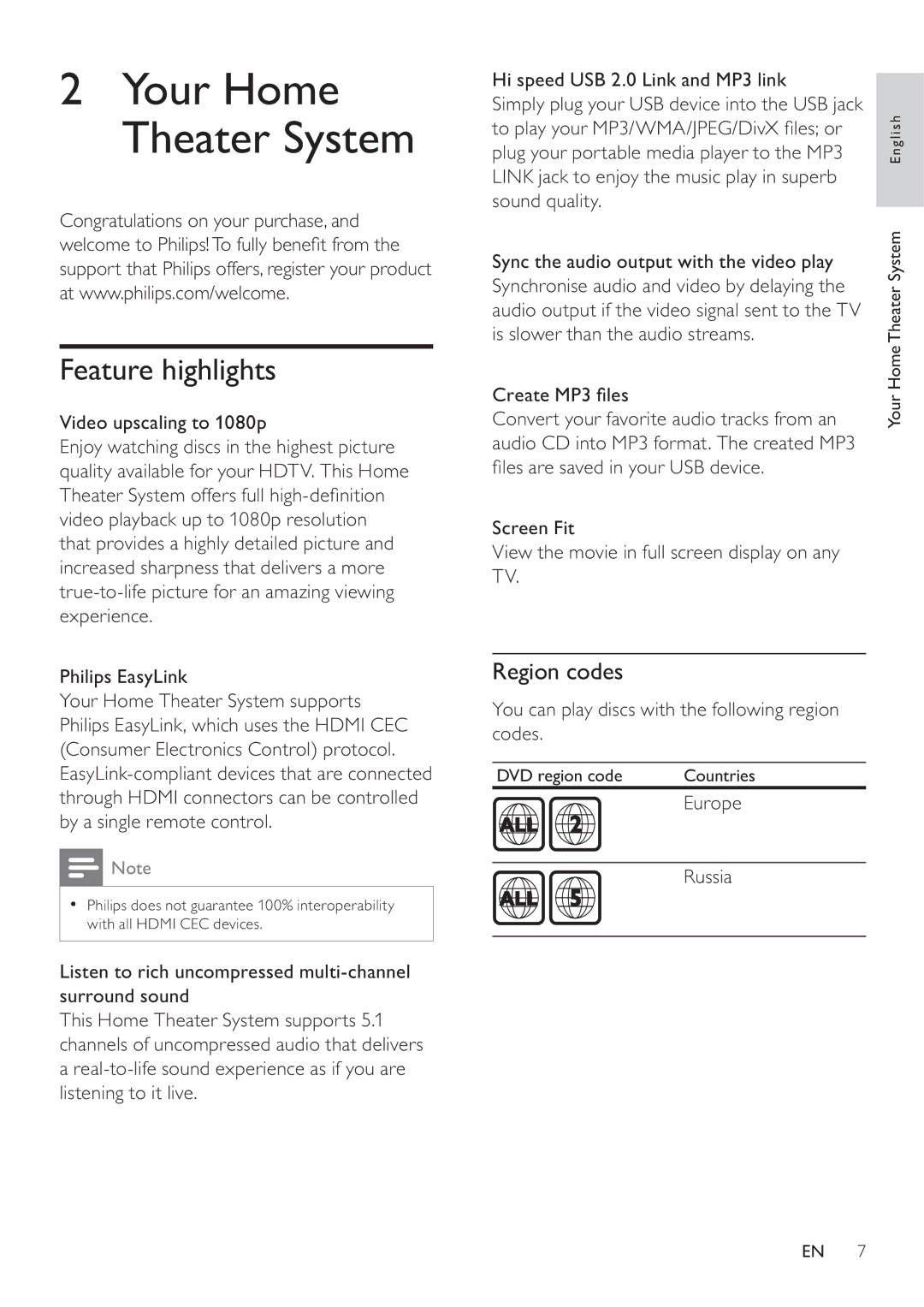 Philips HTS3377W, HTS3270 user manual Feature highlights, Region codes 