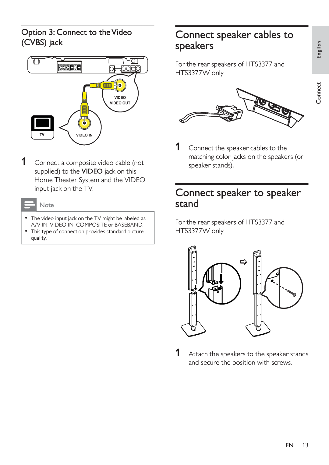 Philips HTS3377W, HTS3270 user manual Connect speaker cables to, speakers, Connect speaker to speaker stand 